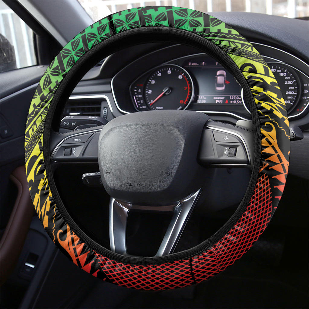 Hawaii Discoverers Day Steering Wheel Cover Polynesian Fish Hook With Hibiscus Reggae