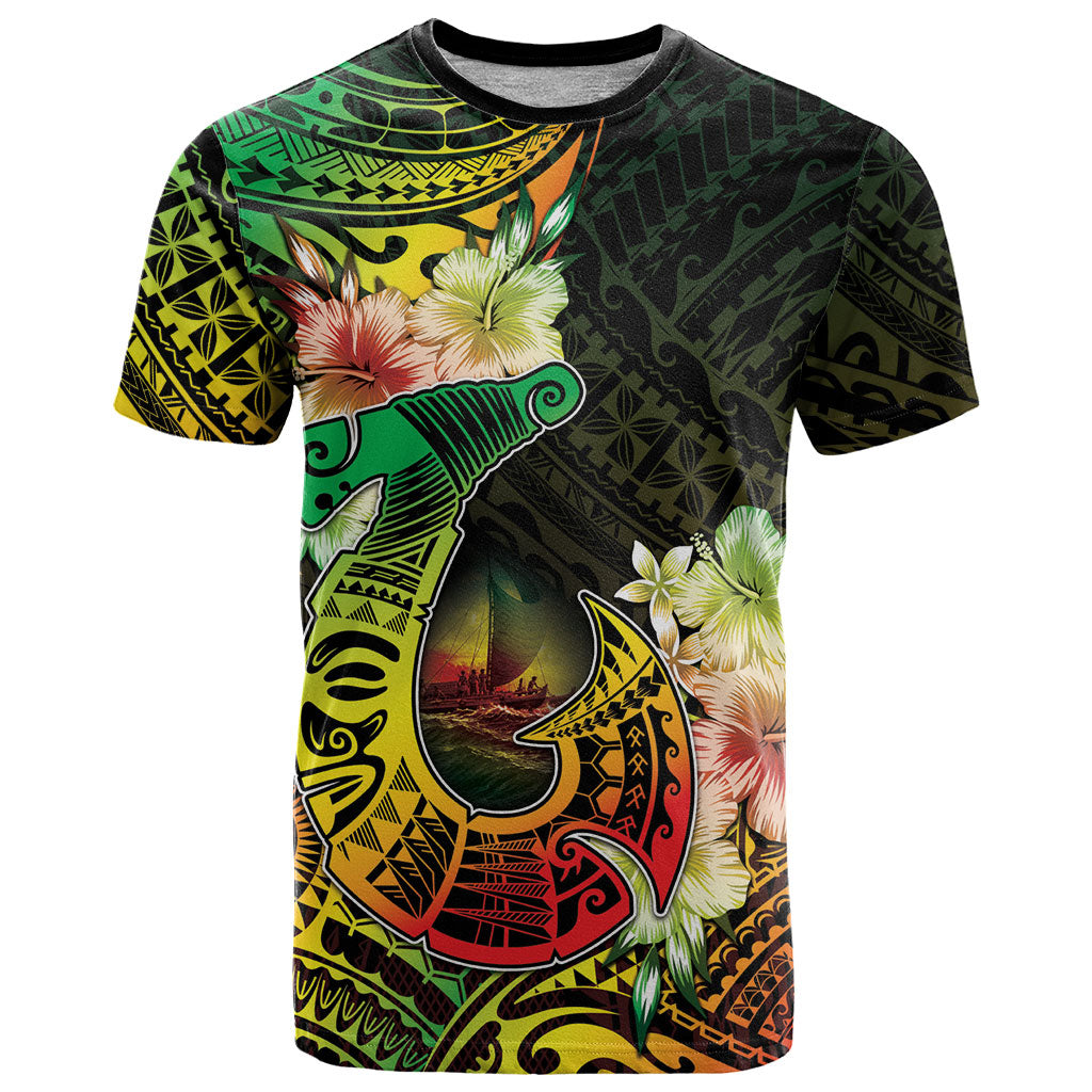 Hawaii Discoverers Day T Shirt Polynesian Fish Hook With Hibiscus Reggae LT05 Reggae - Polynesian Pride