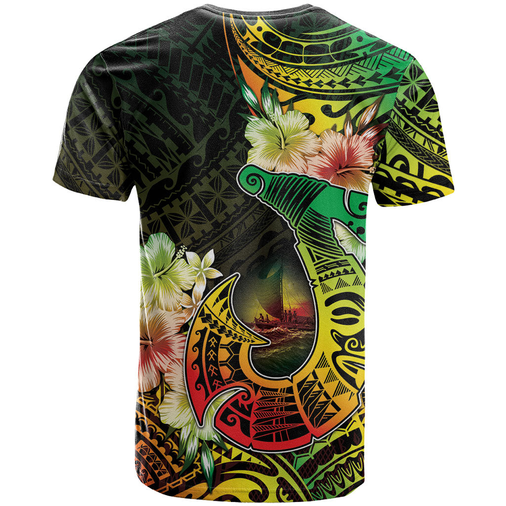 Hawaii Discoverers Day T Shirt Polynesian Fish Hook With Hibiscus Reggae LT05 - Polynesian Pride