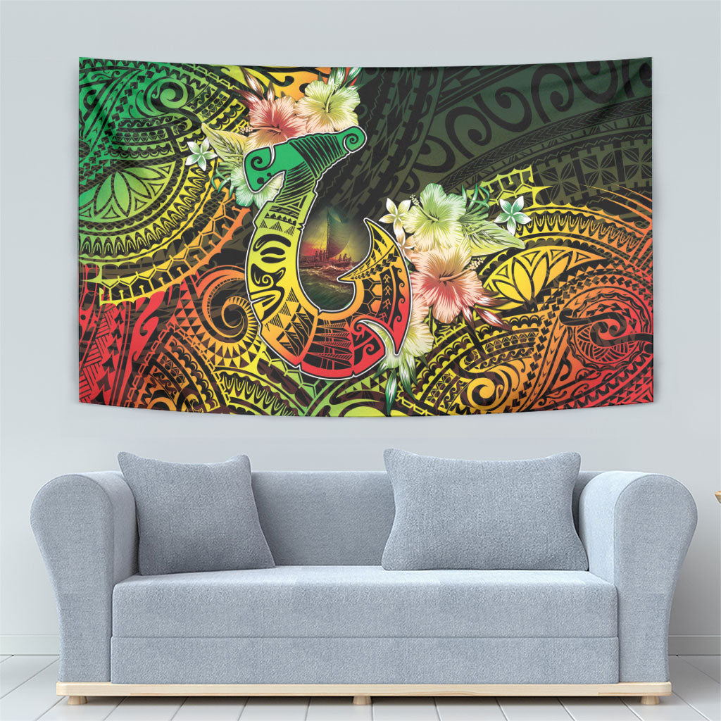 Hawaii Discoverers Day Tapestry Polynesian Fish Hook With Hibiscus Reggae