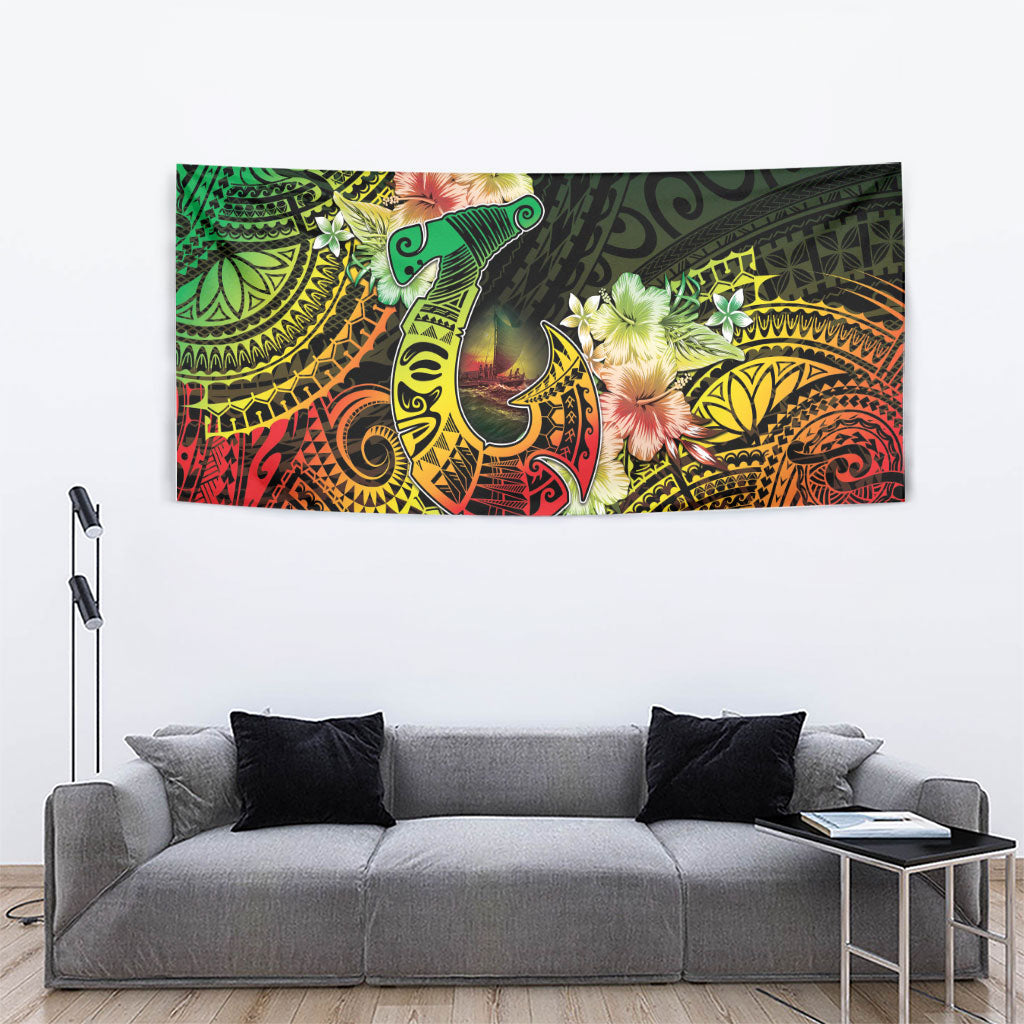 Hawaii Discoverers Day Tapestry Polynesian Fish Hook With Hibiscus Reggae