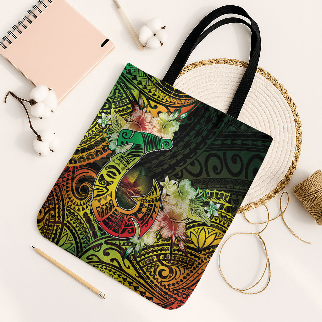 Hawaii Discoverers Day Tote Bag Polynesian Fish Hook With Hibiscus Reggae LT05 Black Strap One Size Reggae - Polynesian Pride