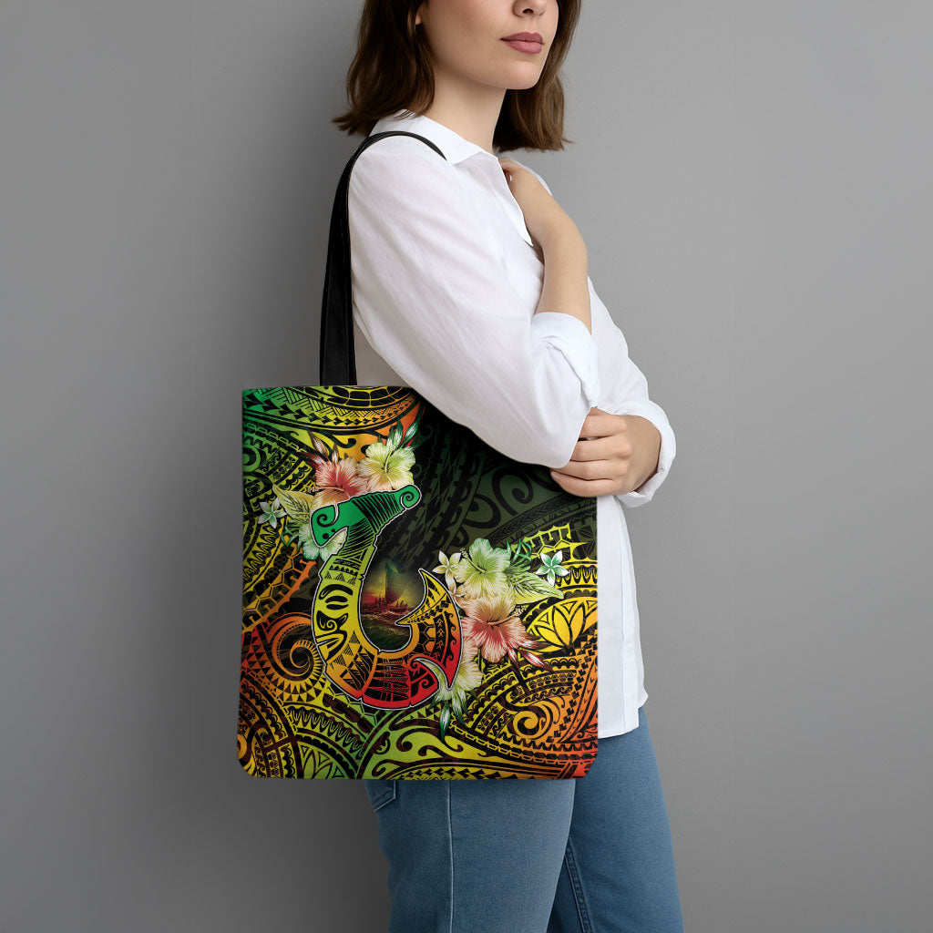 Hawaii Discoverers Day Tote Bag Polynesian Fish Hook With Hibiscus Reggae