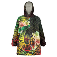 Hawaii Discoverers Day Wearable Blanket Hoodie Polynesian Fish Hook With Hibiscus Reggae