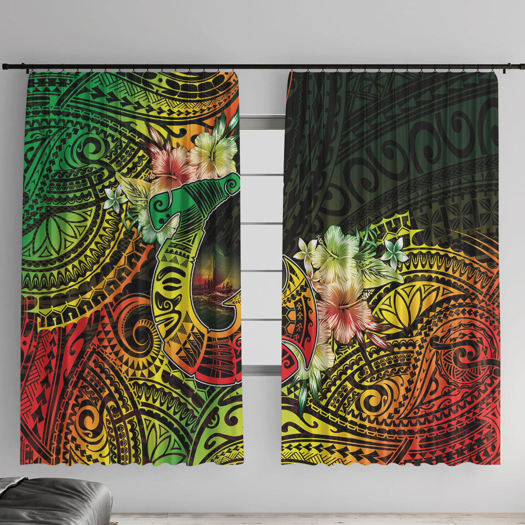 Hawaii Discoverers Day Window Curtain Polynesian Fish Hook With Hibiscus Reggae
