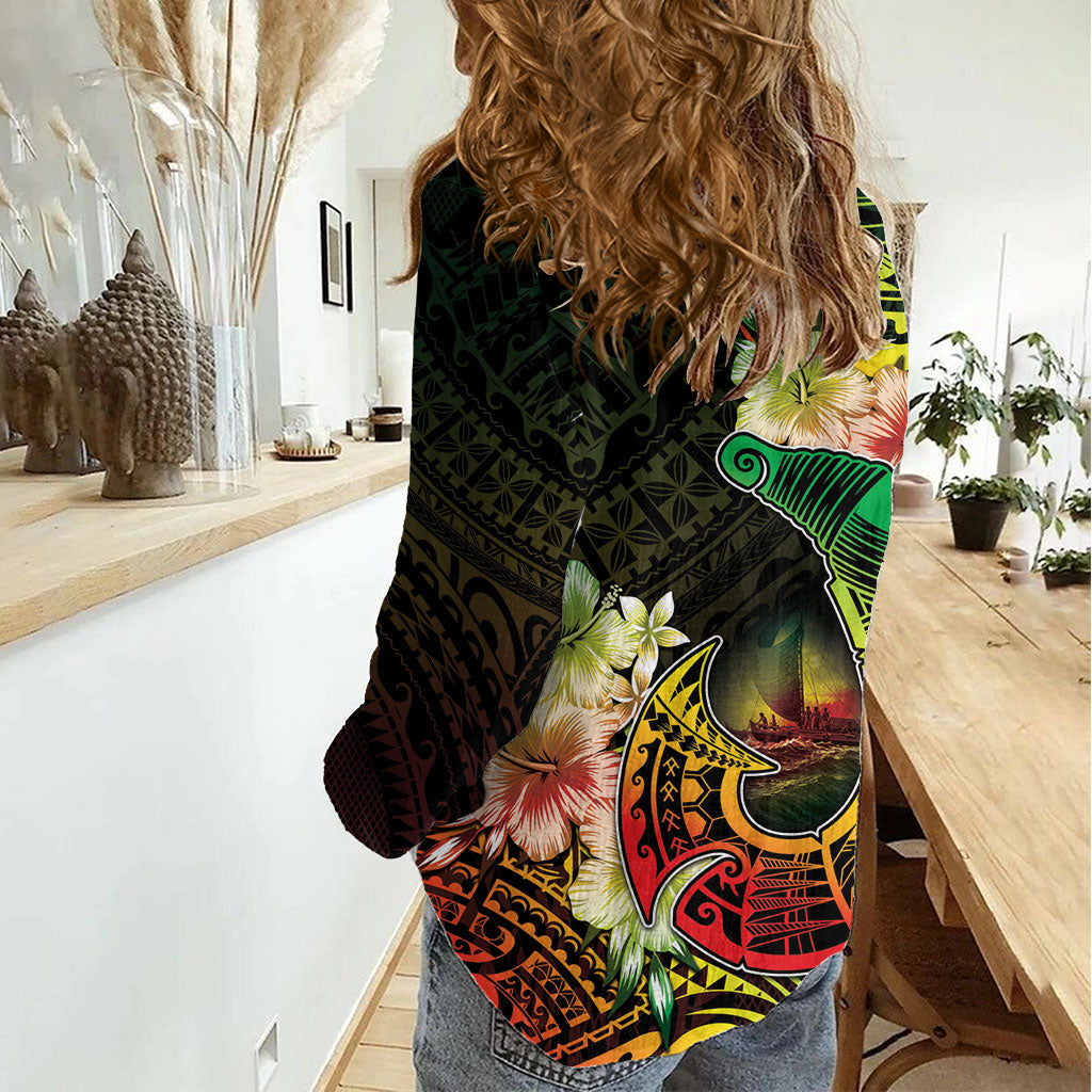 Hawaii Discoverers Day Women Casual Shirt Polynesian Fish Hook With Hibiscus Reggae