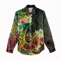 Hawaii Discoverers Day Women Casual Shirt Polynesian Fish Hook With Hibiscus Reggae