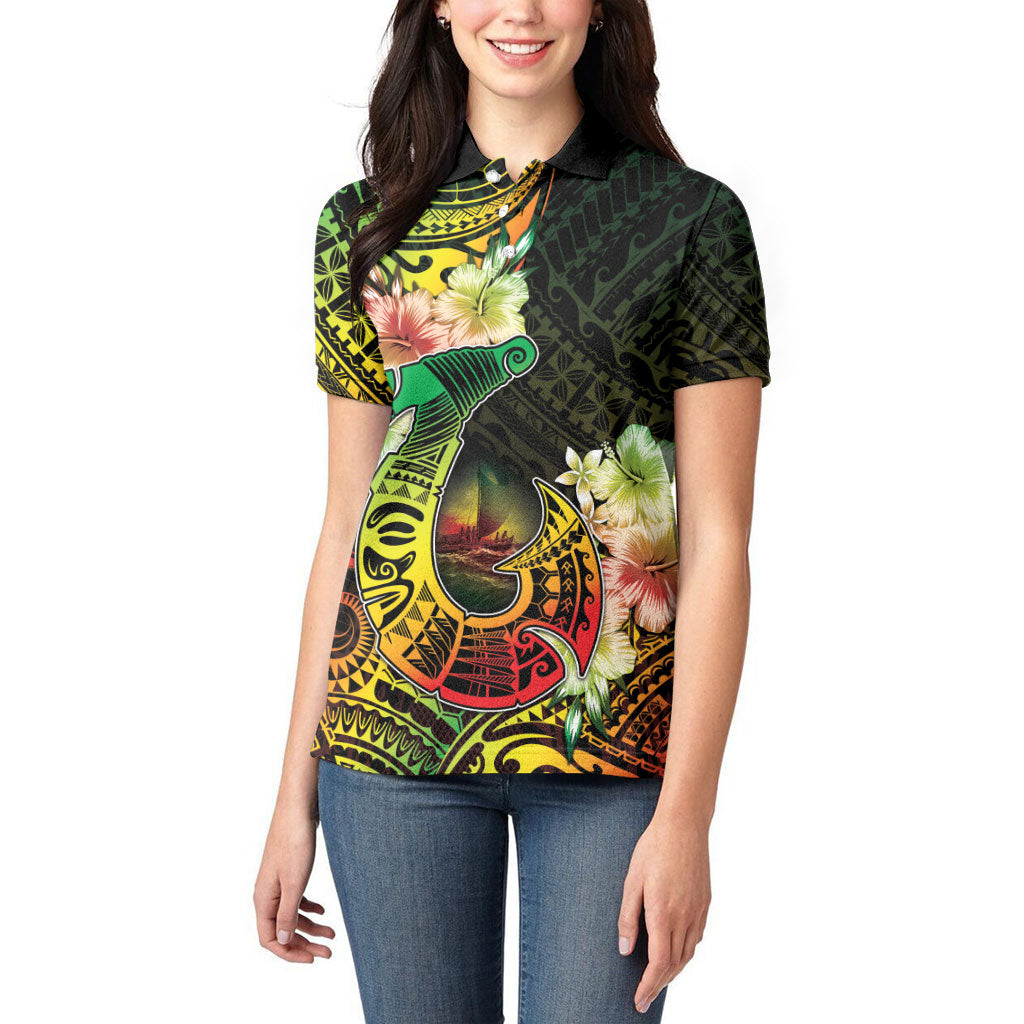 Hawaii Discoverers Day Women Polo Shirt Polynesian Fish Hook With Hibiscus Reggae