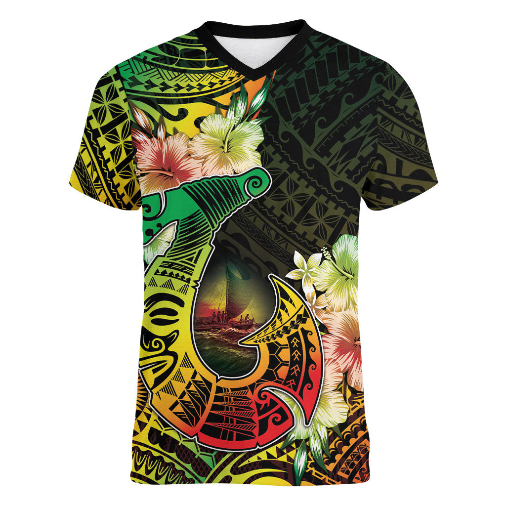 Hawaii Discoverers Day Women V-Neck T-Shirt Polynesian Fish Hook With Hibiscus Reggae