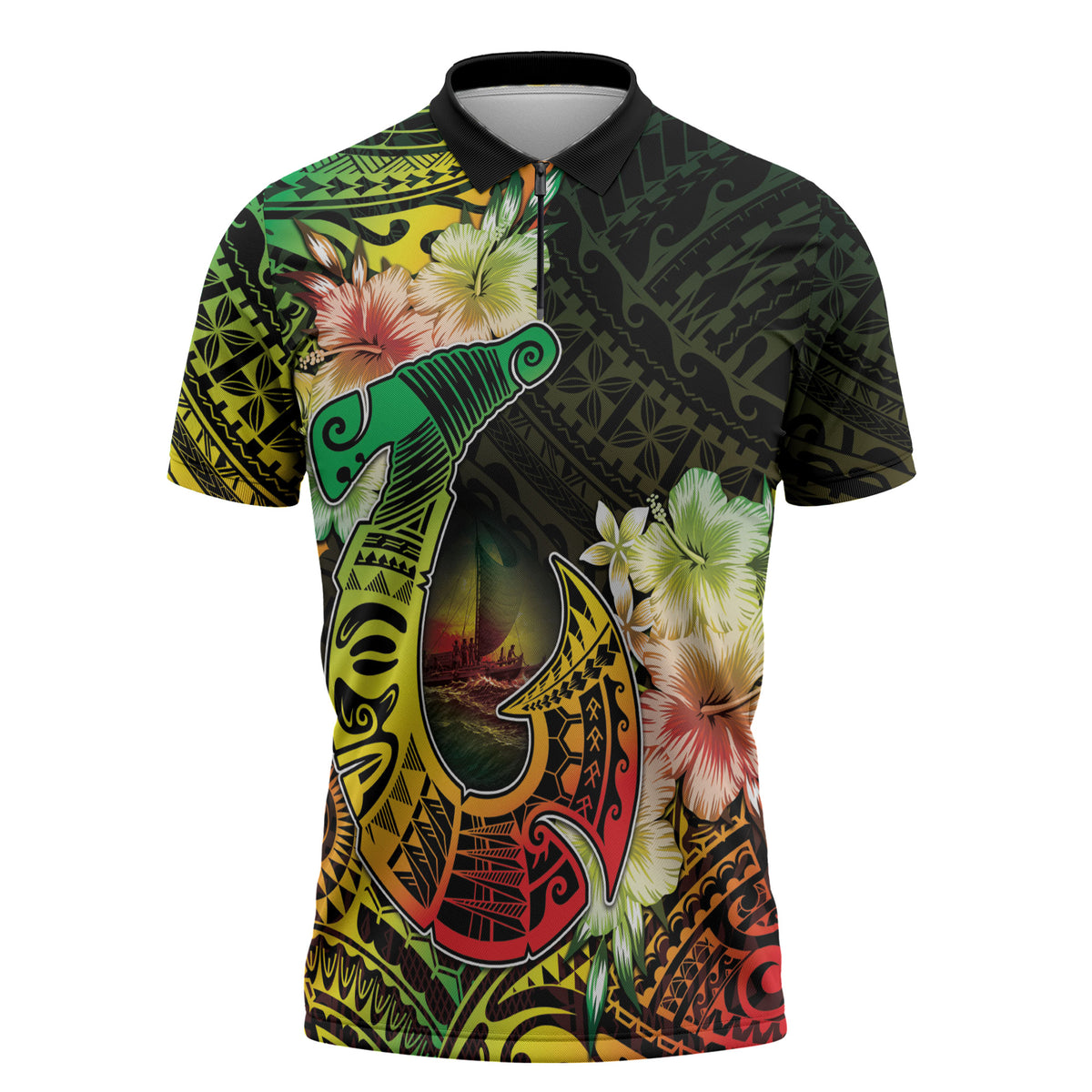 Hawaii Discoverers Day Zipper Polo Shirt Polynesian Fish Hook With Hibiscus Reggae
