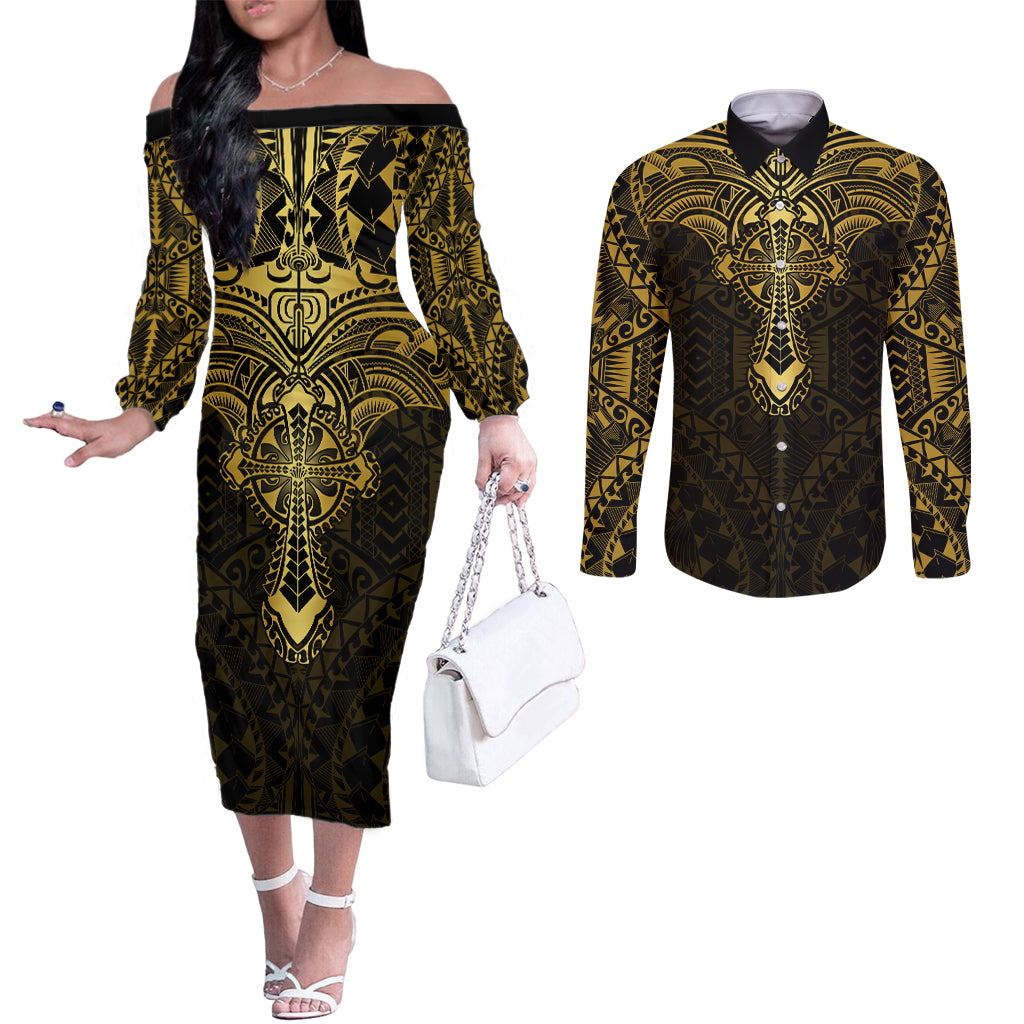 Personalized Polynesia Couples Matching Off The Shoulder Long Sleeve Dress and Long Sleeve Button Shirt With Christian Cross LT05 Gold - Polynesian Pride