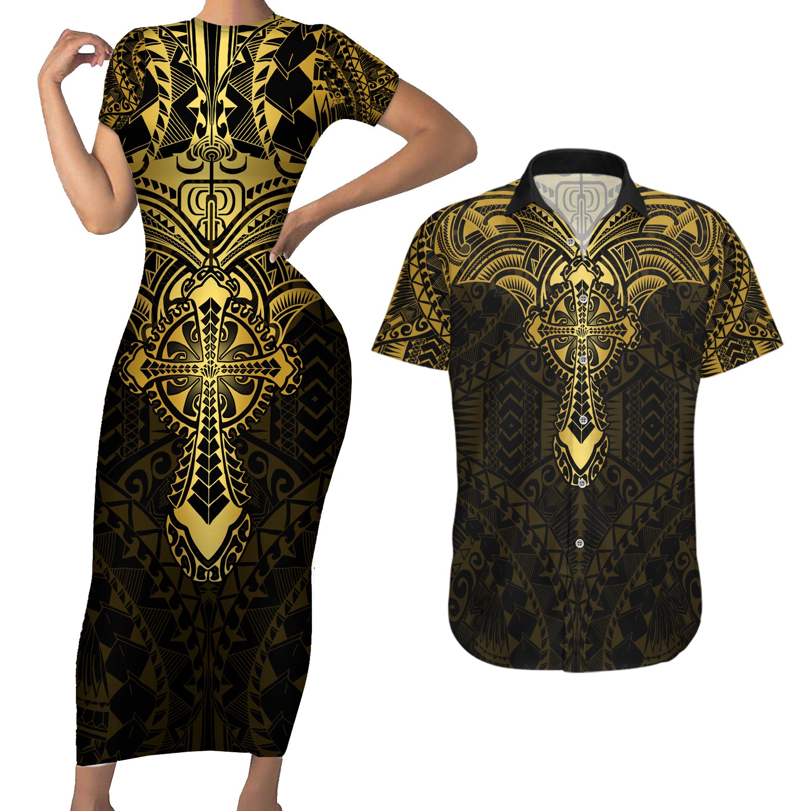 Personalized Polynesia Couples Matching Short Sleeve Bodycon Dress and Hawaiian Shirt With Christian Cross LT05 Gold - Polynesian Pride