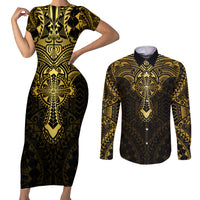 Personalized Polynesia Couples Matching Short Sleeve Bodycon Dress and Long Sleeve Button Shirt With Christian Cross LT05 Gold - Polynesian Pride