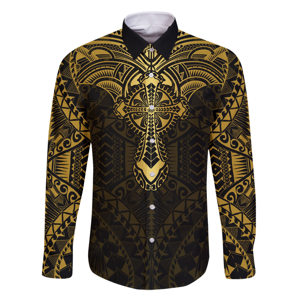 Personalized Polynesia Family Matching Mermaid Dress and Hawaiian Shirt With Christian Cross LT05 Dad's Shirt - Long Sleeve Gold - Polynesian Pride