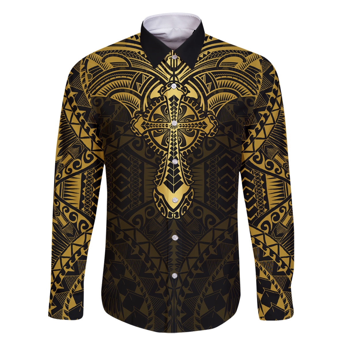 Personalized Polynesia Family Matching Puletasi Dress and Hawaiian Shirt With Christian Cross LT05 Dad's Shirt - Long Sleeve Gold - Polynesian Pride