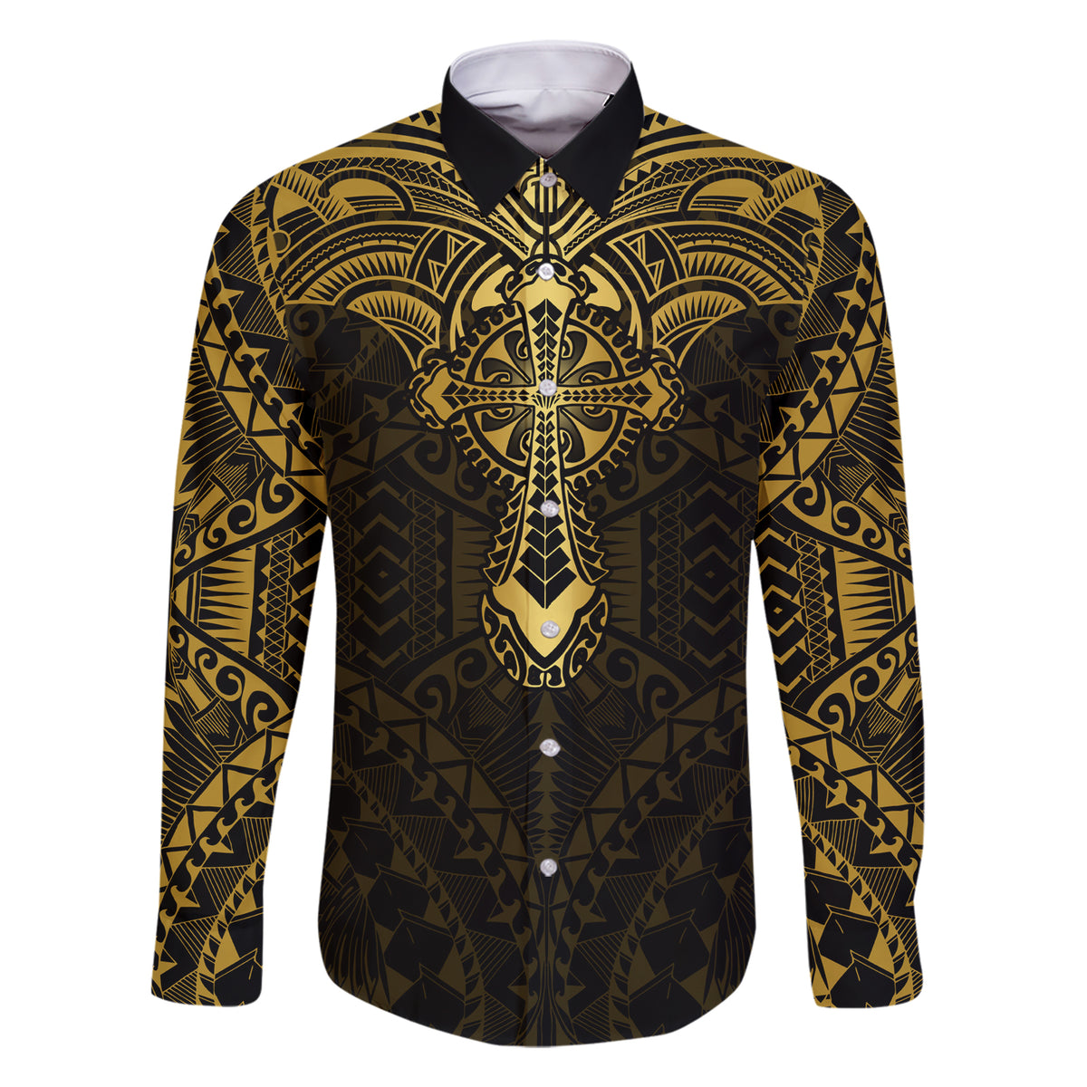 Personalized Polynesia Family Matching Short Sleeve Bodycon Dress and Hawaiian Shirt With Christian Cross LT05 Dad's Shirt - Long Sleeve Gold - Polynesian Pride