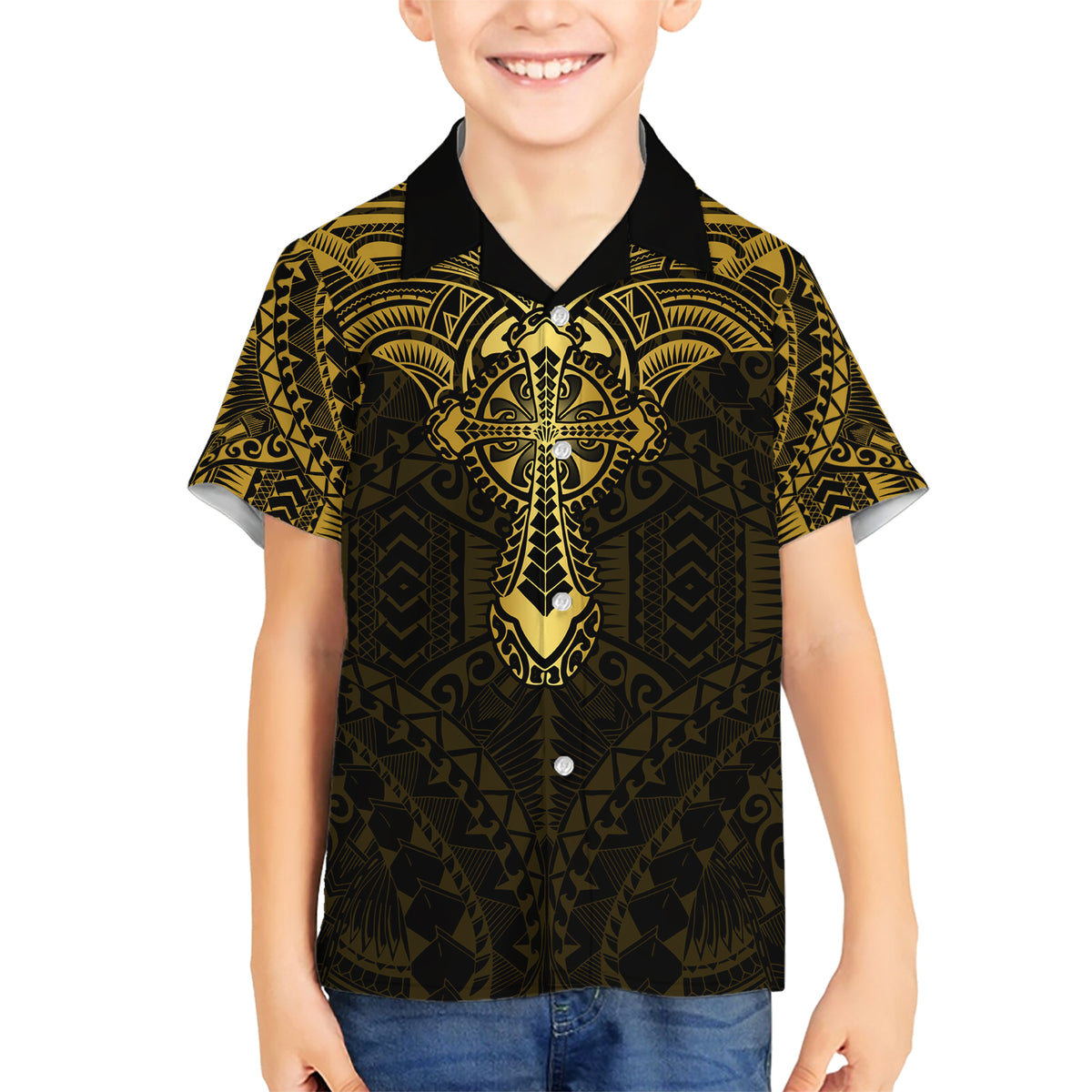 Personalized Polynesia Family Matching Short Sleeve Bodycon Dress and Hawaiian Shirt With Christian Cross LT05 Son's Shirt Gold - Polynesian Pride