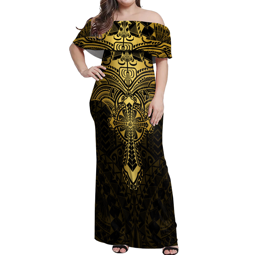 Personalized Polynesia Off Shoulder Maxi Dress With Christian Cross LT05 Women Gold - Polynesian Pride