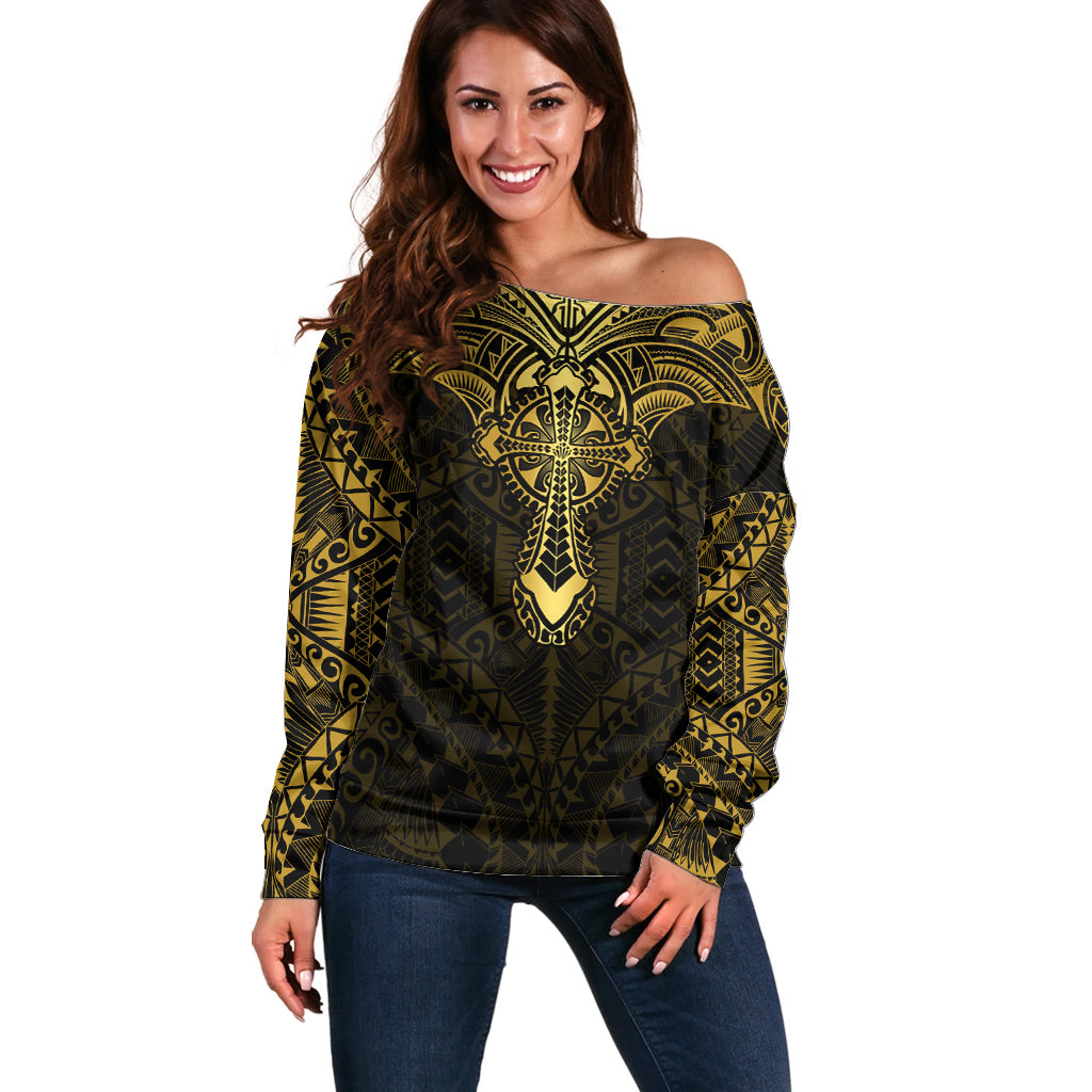 Personalized Polynesia Off Shoulder Sweater With Christian Cross LT05 Women Gold - Polynesian Pride