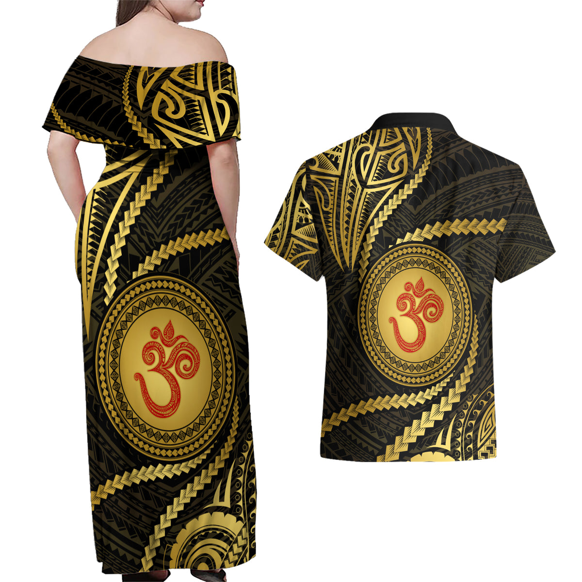Polynesia Couples Matching Off Shoulder Maxi Dress and Hawaiian Shirt With Hindu Om Symbol LT05 - Polynesian Pride