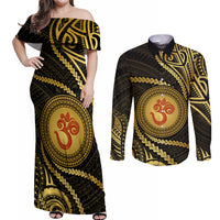 Polynesia Couples Matching Off Shoulder Maxi Dress and Long Sleeve Button Shirt With Hindu Om Symbol LT05 Gold - Polynesian Pride