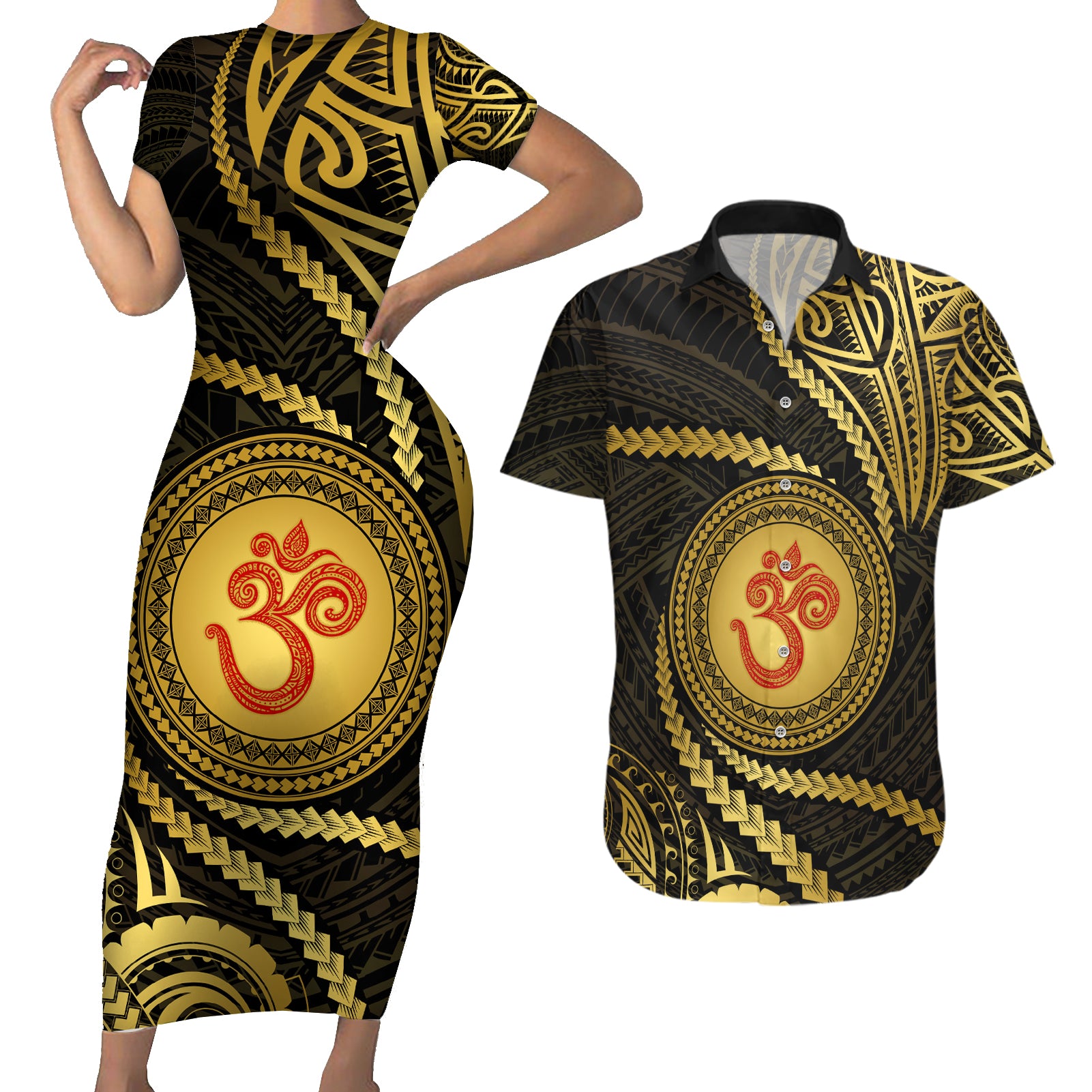 Polynesia Couples Matching Short Sleeve Bodycon Dress and Hawaiian Shirt With Hindu Om Symbol LT05 Gold - Polynesian Pride