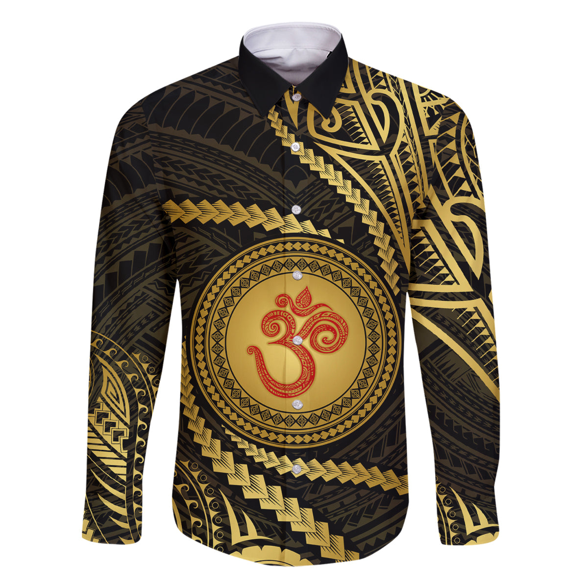 Polynesia Family Matching Mermaid Dress and Hawaiian Shirt With Hindu Om Symbol LT05 Dad's Shirt - Long Sleeve Gold - Polynesian Pride
