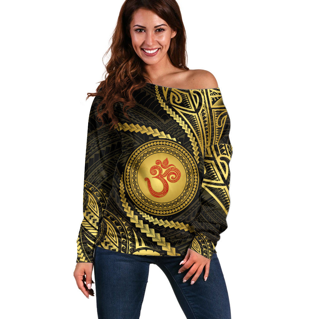 Polynesia Off Shoulder Sweater With Hindu Om Symbol LT05 Women Gold - Polynesian Pride