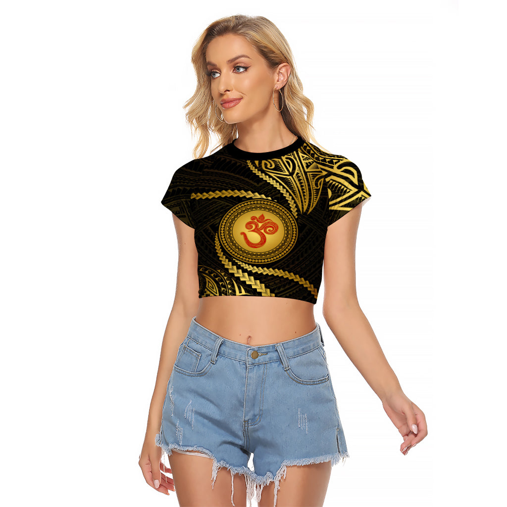 Polynesia Raglan Cropped T Shirt With Hindu Om Symbol LT05 Female Gold - Polynesian Pride