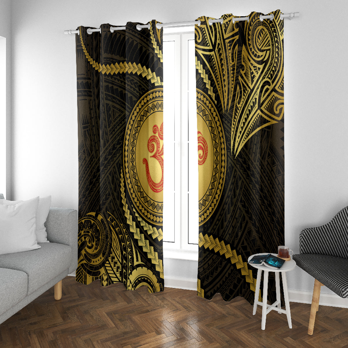 Polynesia Window Curtain With Hindu Om Symbol LT05 With Grommets Gold - Polynesian Pride