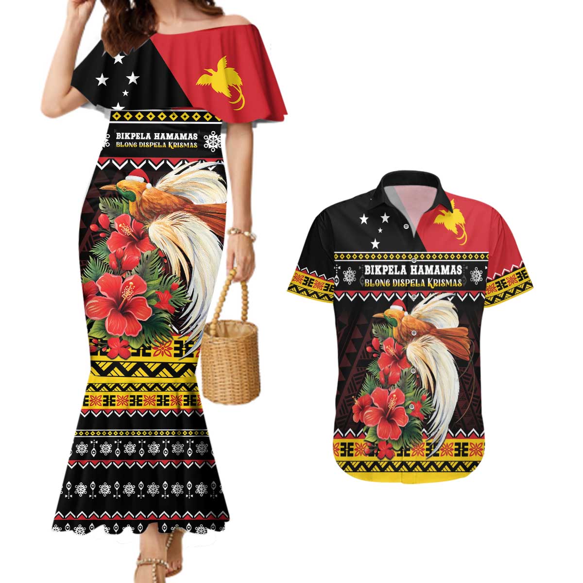 Papua New Guinea Christmas Couples Matching Mermaid Dress and Hawaiian Shirt Bird Of Paradise Hamamas Krismas LT05 Black - Polynesian Pride