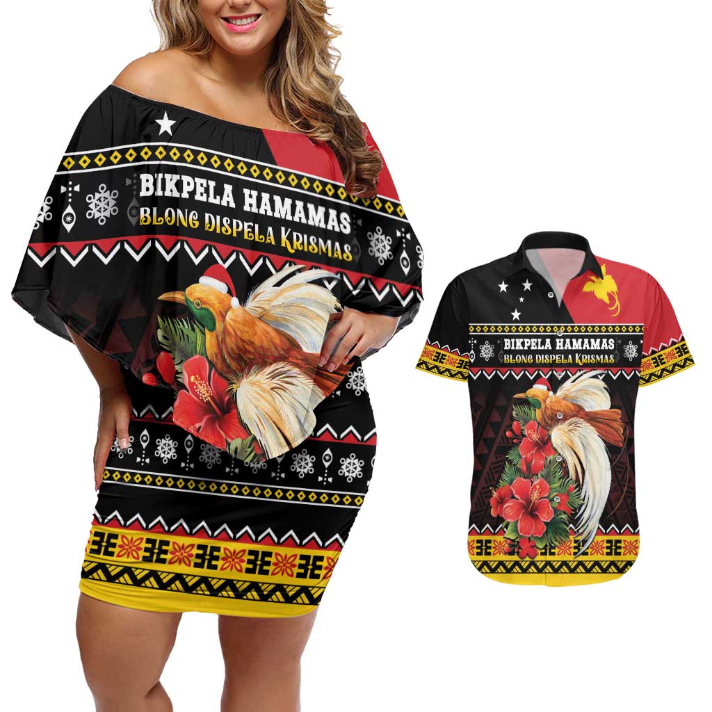 Papua New Guinea Christmas Couples Matching Off Shoulder Short Dress and Hawaiian Shirt Bird Of Paradise Hamamas Krismas LT05 Black - Polynesian Pride