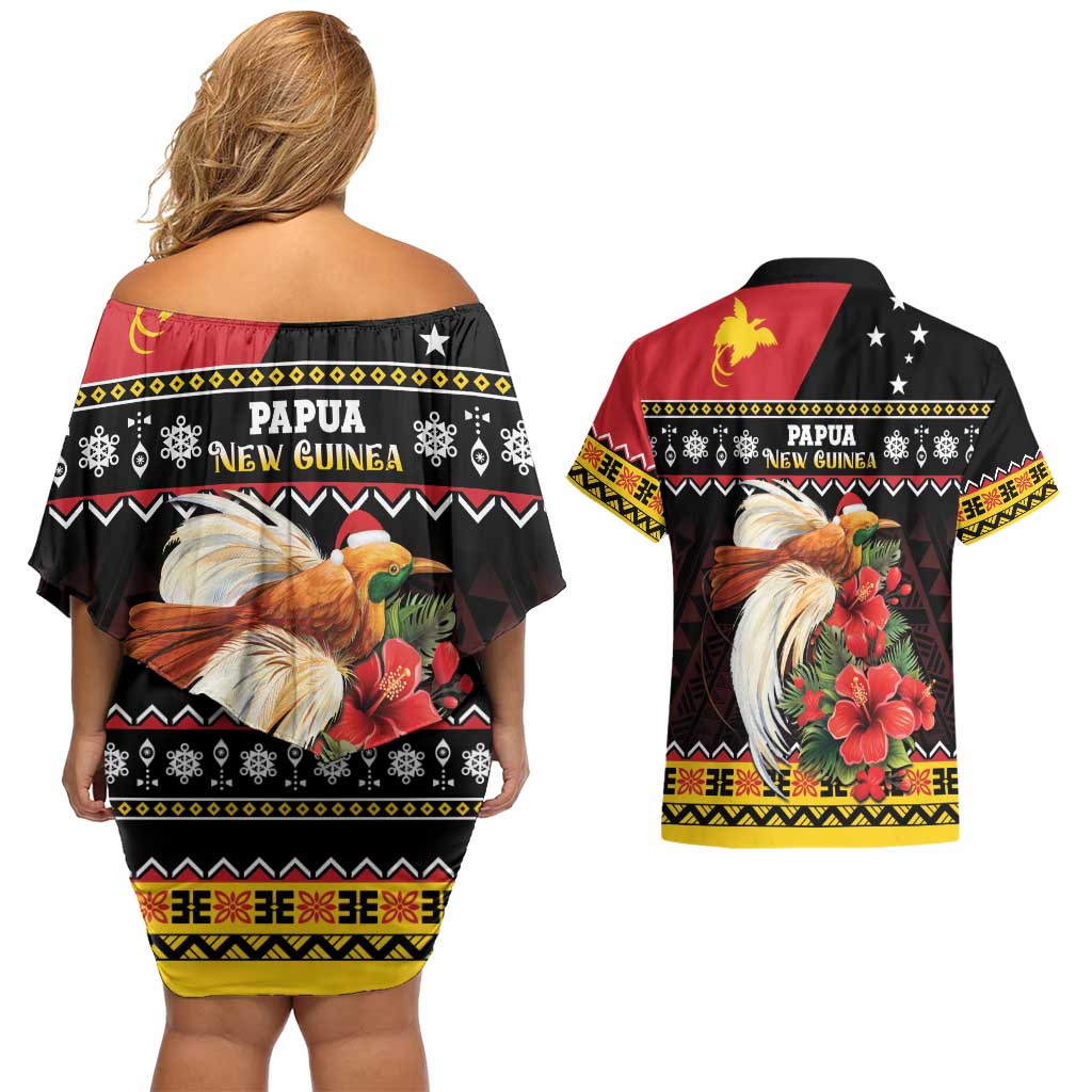 Papua New Guinea Christmas Couples Matching Off Shoulder Short Dress and Hawaiian Shirt Bird Of Paradise Hamamas Krismas LT05 - Polynesian Pride