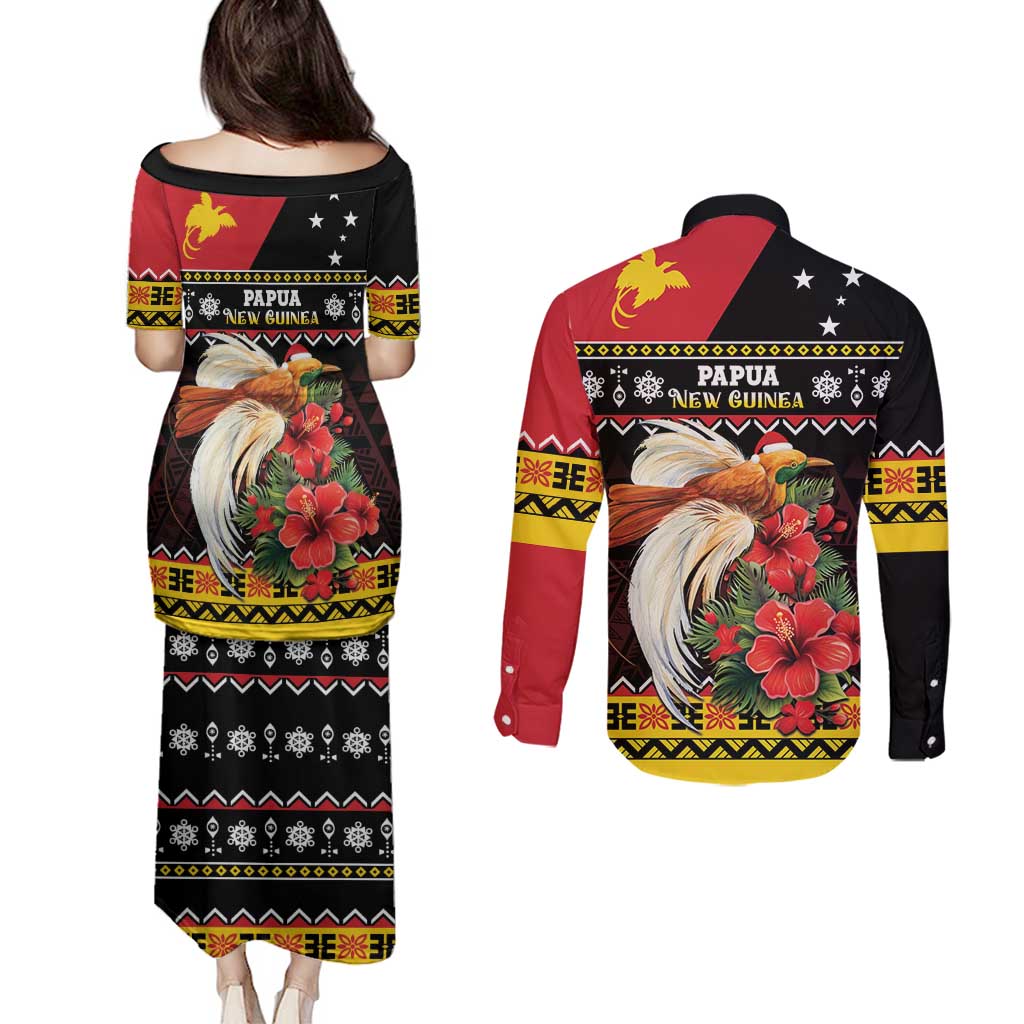Papua New Guinea Christmas Couples Matching Puletasi and Long Sleeve Button Shirt Bird Of Paradise Hamamas Krismas