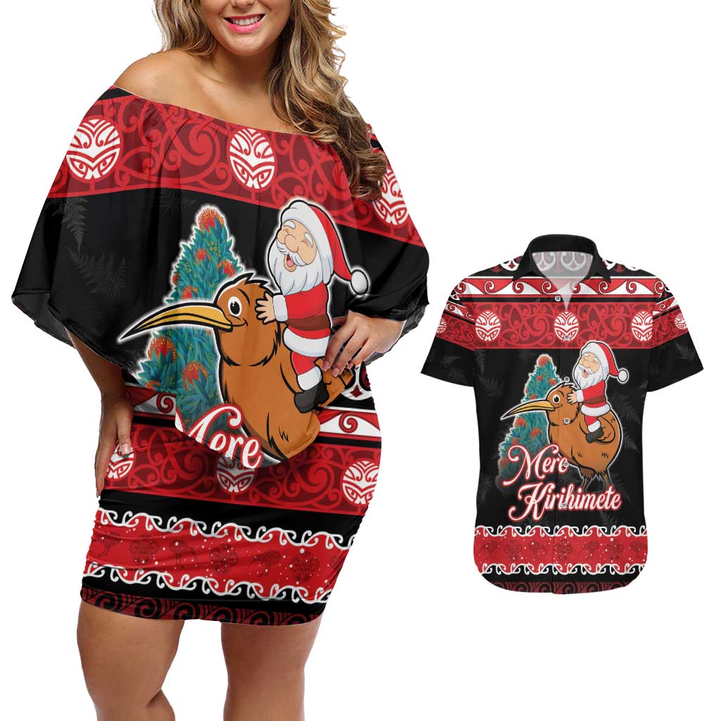 New Zealand Christmas Couples Matching Off Shoulder Short Dress and Hawaiian Shirt Funny Santa Riding Kiwi Meri Kirihimete LT05 Black - Polynesian Pride