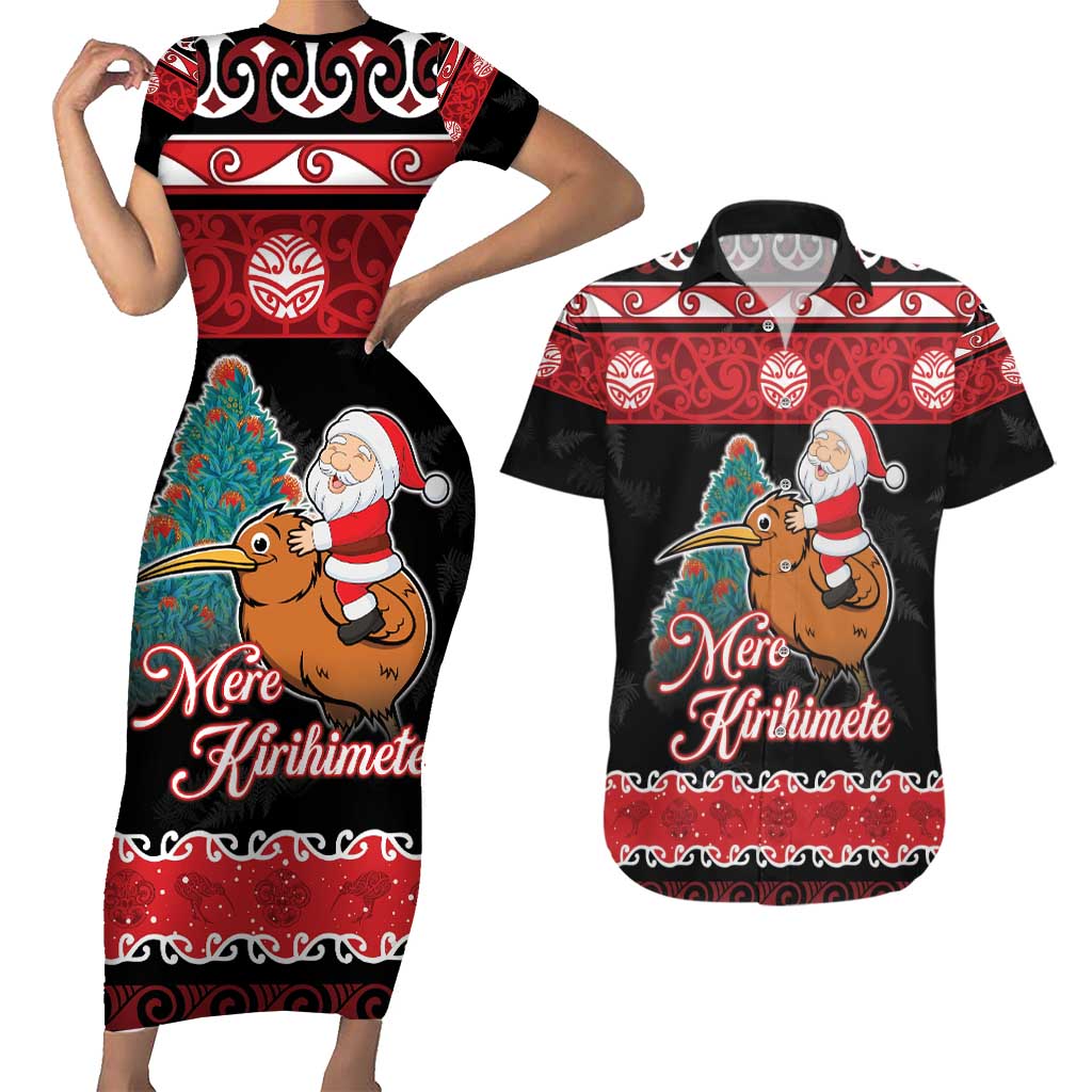 New Zealand Christmas Couples Matching Short Sleeve Bodycon Dress and Hawaiian Shirt Funny Santa Riding Kiwi Meri Kirihimete