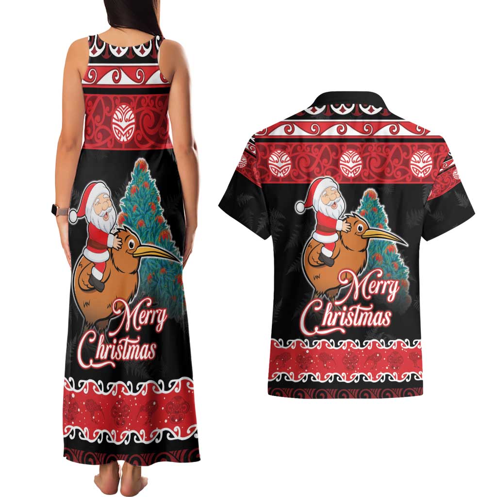New Zealand Christmas Couples Matching Tank Maxi Dress and Hawaiian Shirt Funny Santa Riding Kiwi Meri Kirihimete LT05 - Polynesian Pride