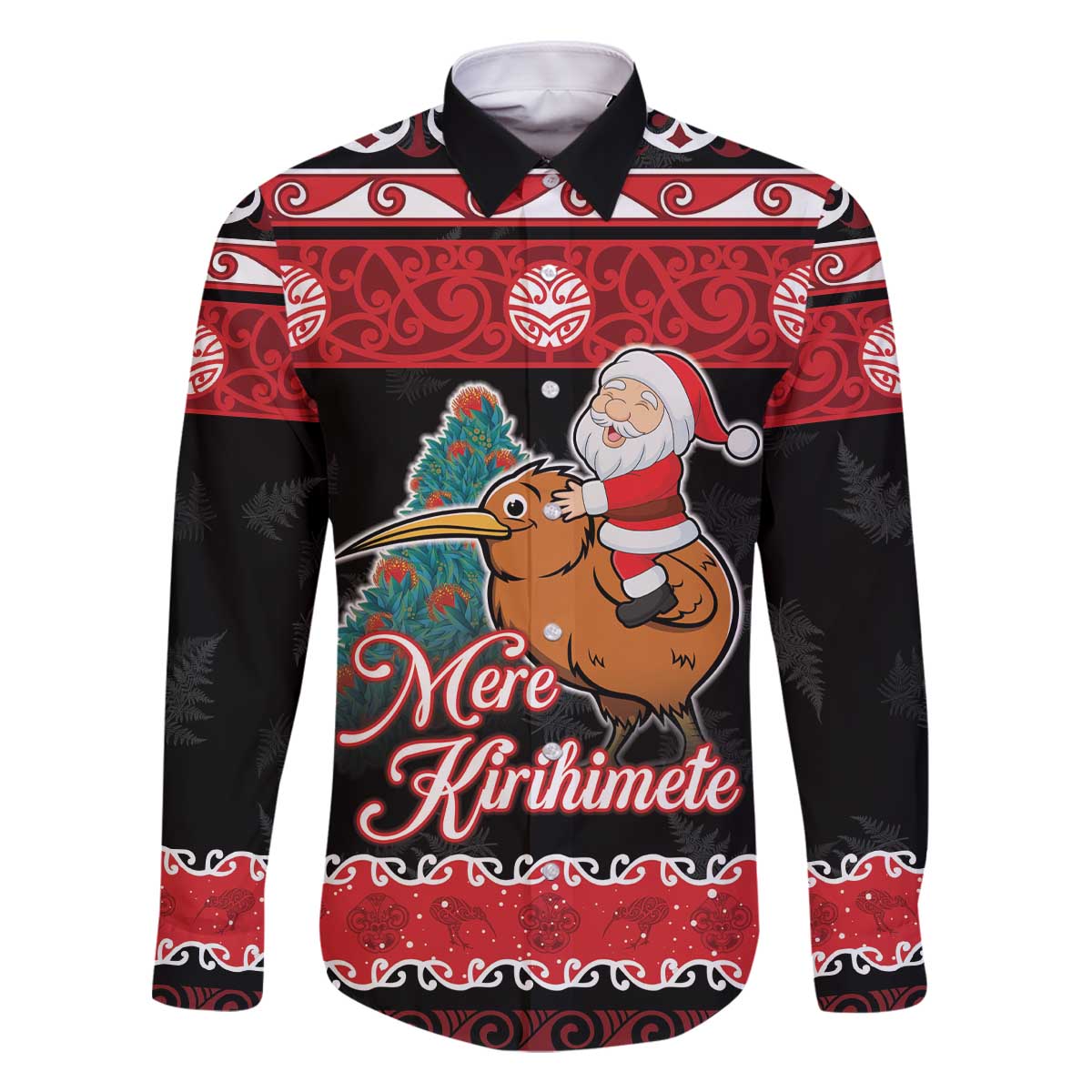 New Zealand Christmas Family Matching Off The Shoulder Long Sleeve Dress and Hawaiian Shirt Funny Santa Riding Kiwi Meri Kirihimete LT05 Dad's Shirt - Long Sleeve Black - Polynesian Pride