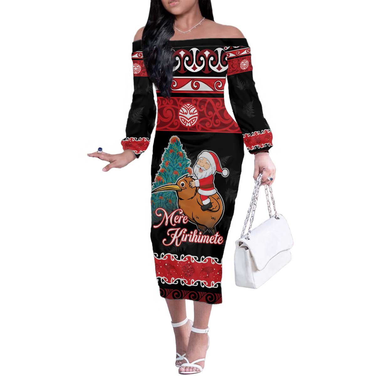 New Zealand Christmas Family Matching Off The Shoulder Long Sleeve Dress and Hawaiian Shirt Funny Santa Riding Kiwi Meri Kirihimete LT05 Mom's Dress Black - Polynesian Pride