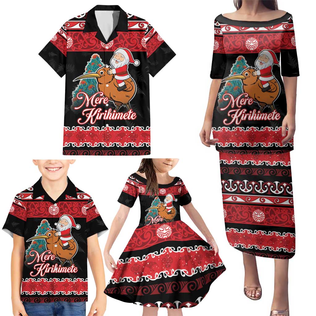 New Zealand Christmas Family Matching Puletasi and Hawaiian Shirt Funny Santa Riding Kiwi Meri Kirihimete LT05 - Polynesian Pride