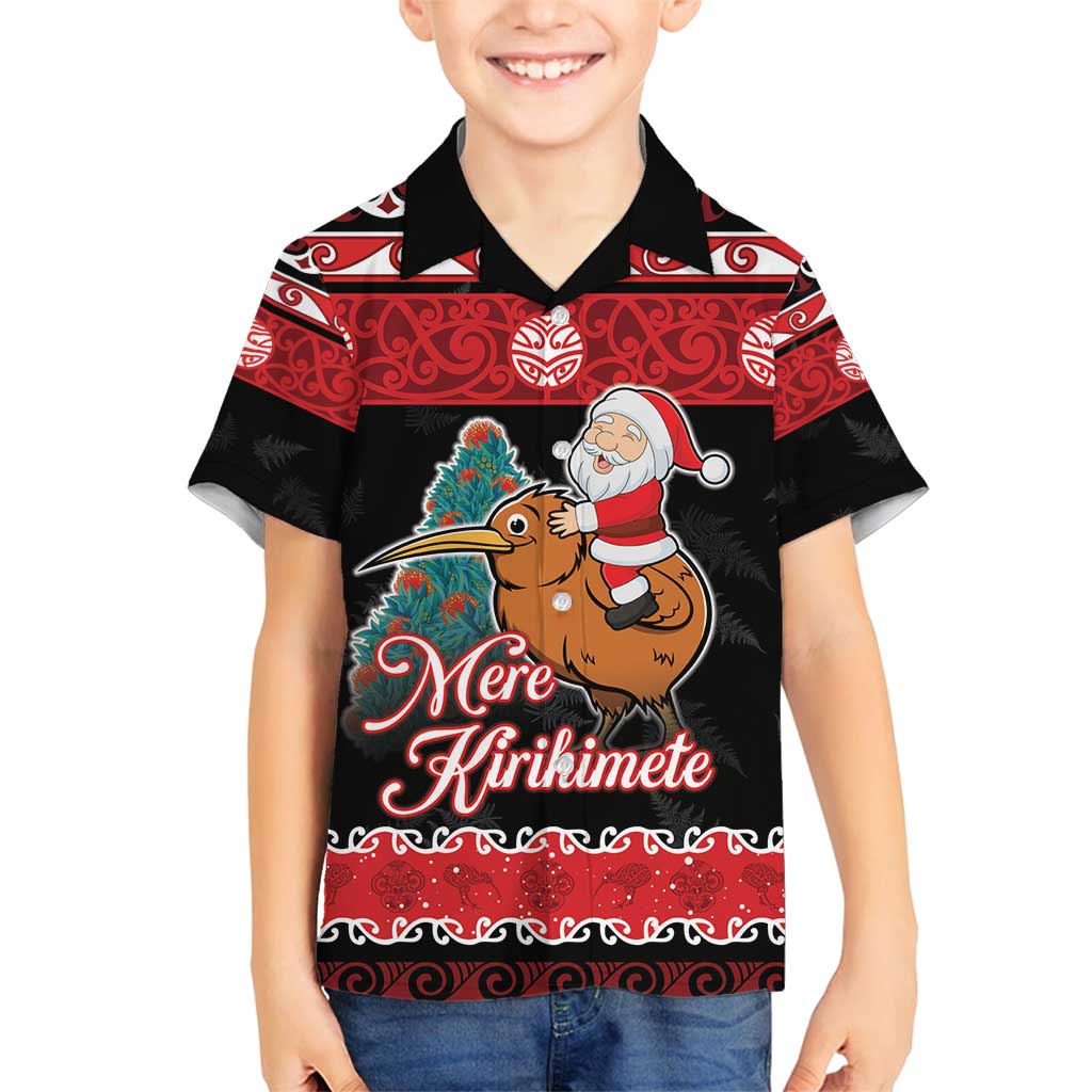 New Zealand Christmas Family Matching Puletasi and Hawaiian Shirt Funny Santa Riding Kiwi Meri Kirihimete LT05 Son's Shirt Black - Polynesian Pride