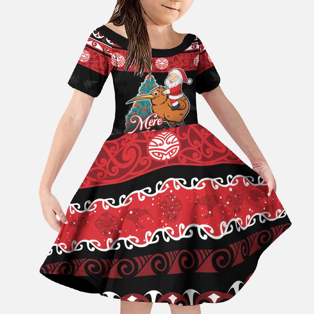 New Zealand Christmas Family Matching Short Sleeve Bodycon Dress and Hawaiian Shirt Funny Santa Riding Kiwi Meri Kirihimete LT05 Daughter's Dress Black - Polynesian Pride