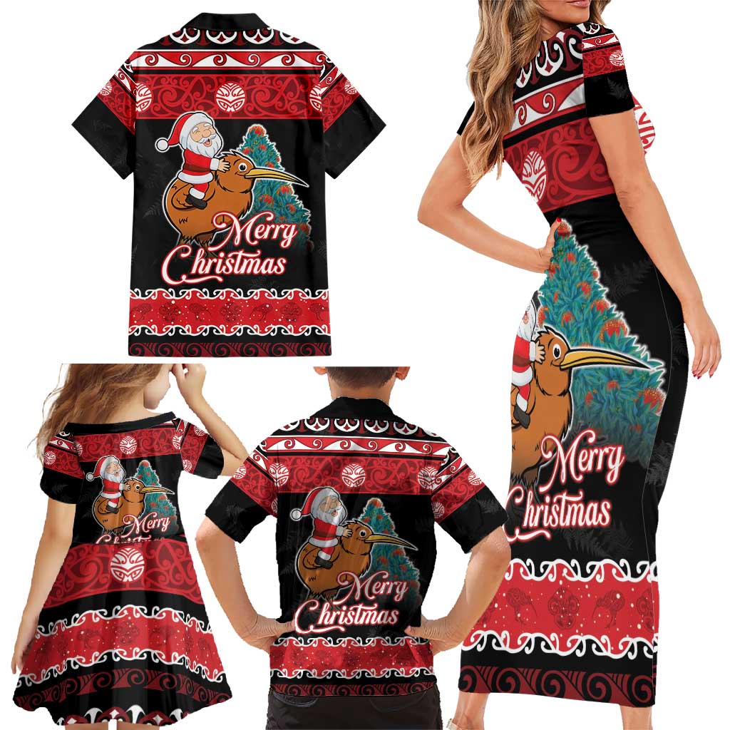 New Zealand Christmas Family Matching Short Sleeve Bodycon Dress and Hawaiian Shirt Funny Santa Riding Kiwi Meri Kirihimete LT05 - Polynesian Pride