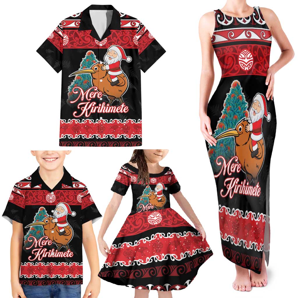 New Zealand Christmas Family Matching Tank Maxi Dress and Hawaiian Shirt Funny Santa Riding Kiwi Meri Kirihimete