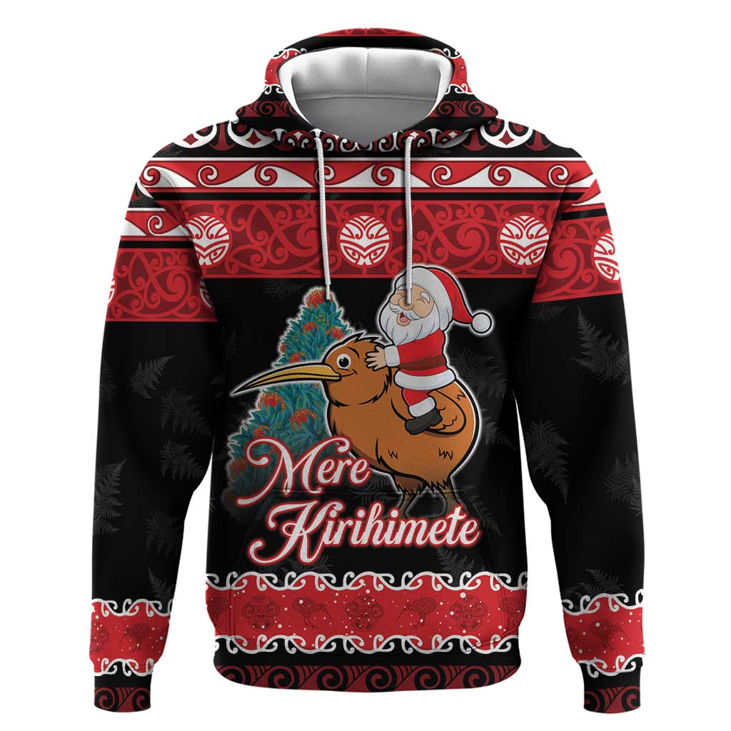 New Zealand Christmas Zip Hoodie Funny Santa Riding Kiwi Meri Kirihimete LT05 Pullover Hoodie Black - Polynesian Pride