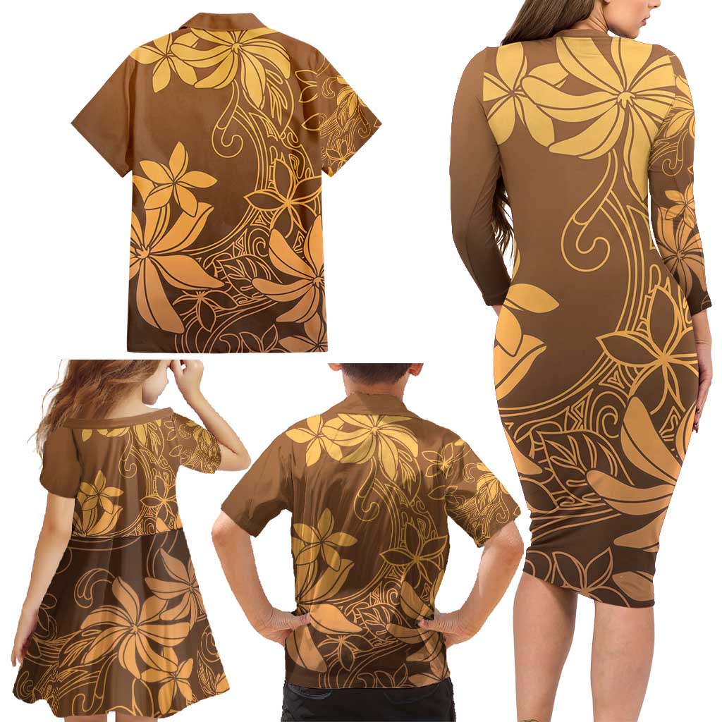 Tiare Tahiti Family Matching Long Sleeve Bodycon Dress and Hawaiian Shirt Brown Polynesia Motifs - Polynesian Pride
