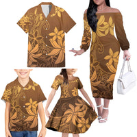Tiare Tahiti Family Matching Off The Shoulder Long Sleeve Dress and Hawaiian Shirt Brown Polynesia Motifs - Polynesian Pride