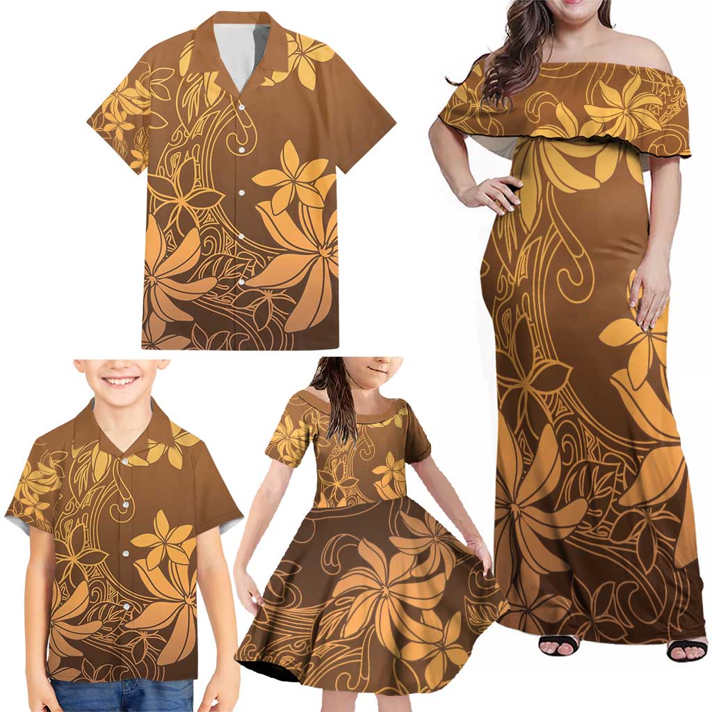 Tiare Tahiti Family Matching Off Shoulder Maxi Dress and Hawaiian Shirt Brown Polynesia Motifs - Polynesian Pride