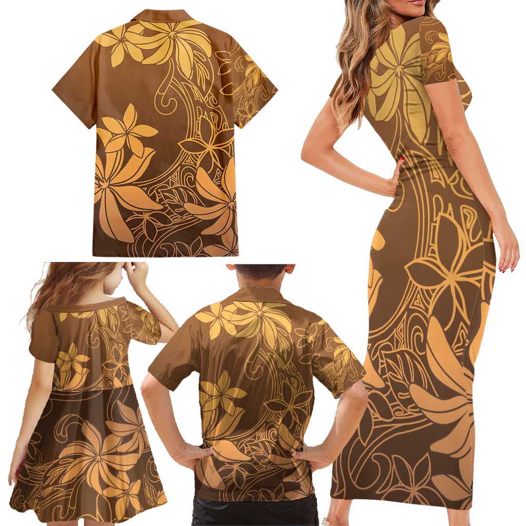Tiare Tahiti Family Matching Short Sleeve Bodycon Dress and Hawaiian Shirt Brown Polynesia Motifs - Polynesian Pride