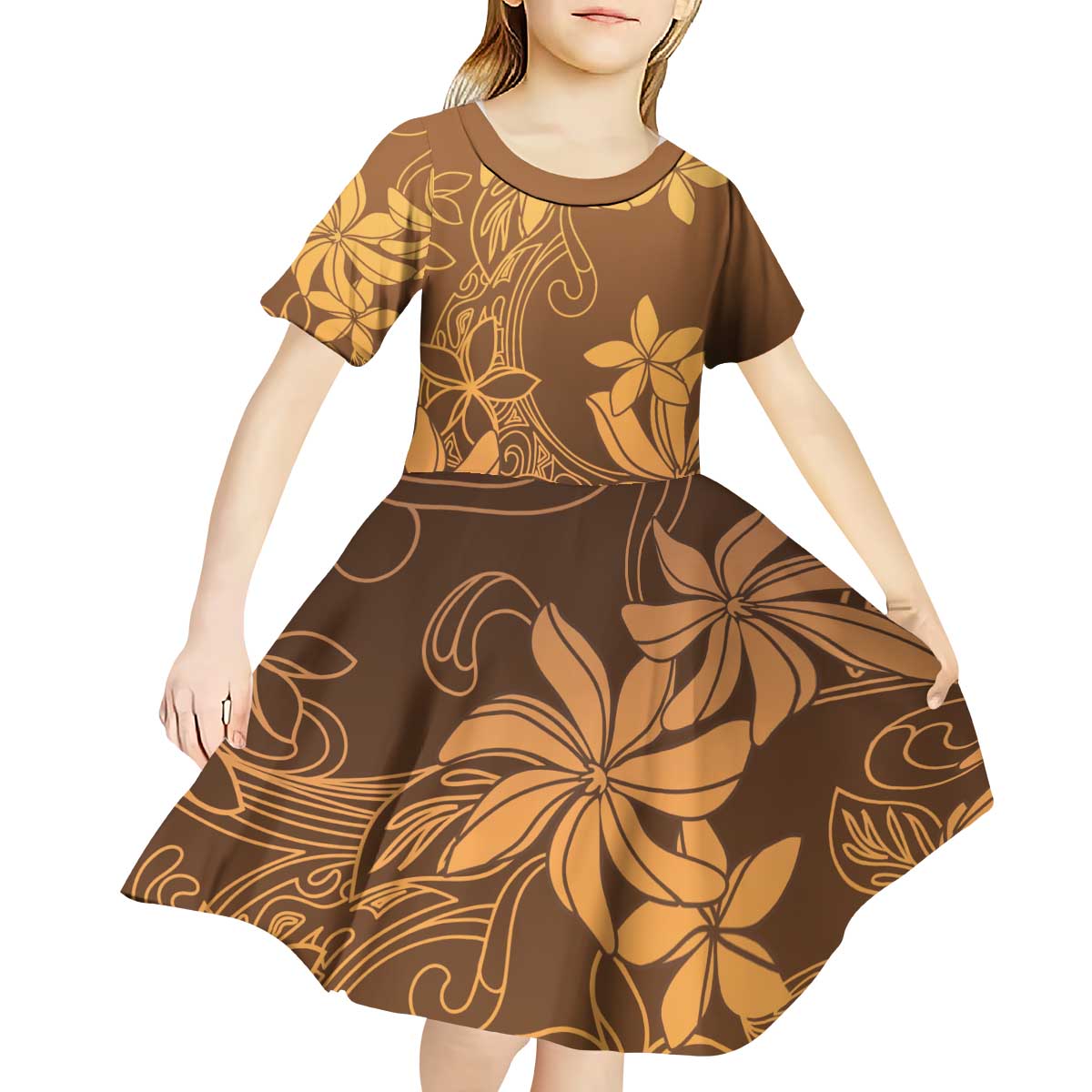 Tiare Tahiti Kid Short Sleeve Dress Brown Polynesia Motifs - Polynesian Pride